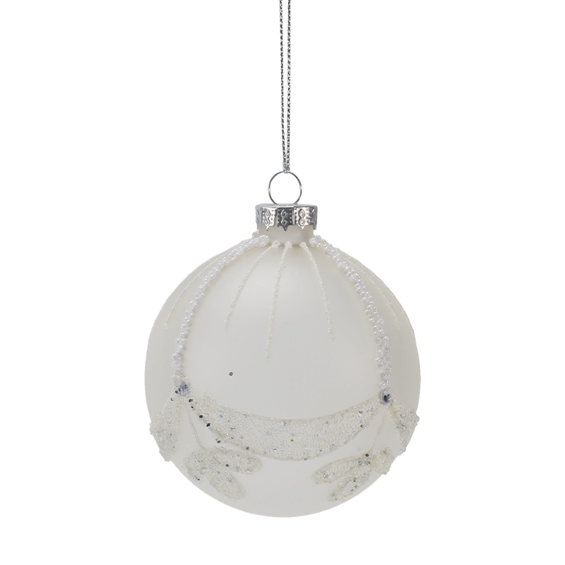Ornament de sticlă de Crăciun albă cu margele de mireasă de 8 cm (singur / set de 3)