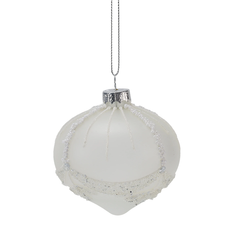 Ornament de sticlă de Crăciun albă cu margele de mireasă de 8 cm (singur / set de 3)