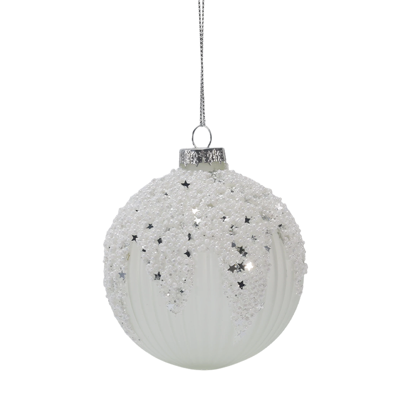 Ornament de bile de sticlă de Crăciun alb înstelat cu zăpadă și argintiu de 8 cm (singur / set de 3)