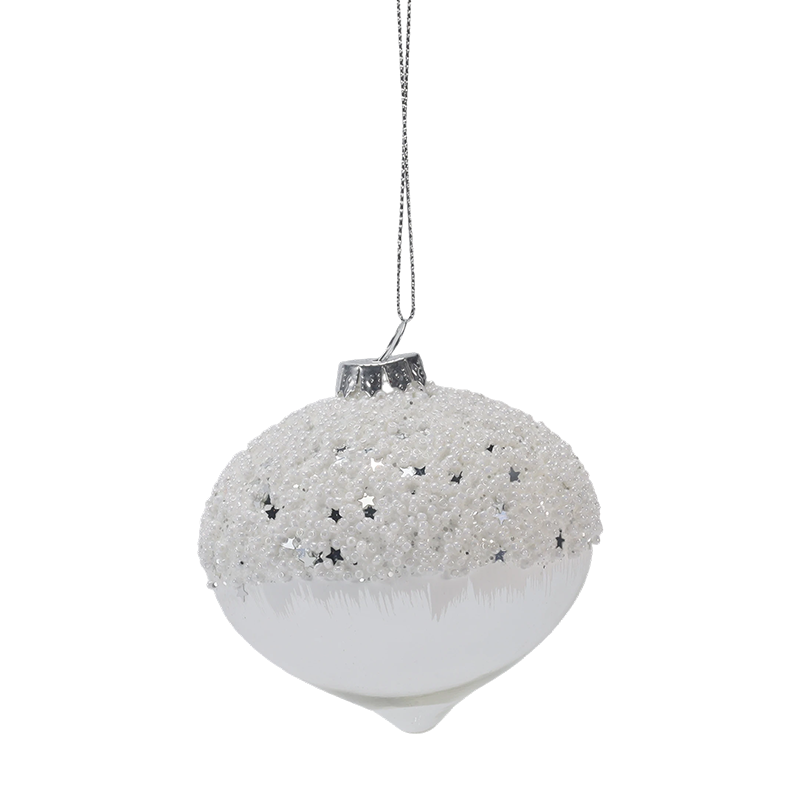 Ornament de bile de sticlă de Crăciun alb înstelat cu zăpadă și argintiu de 8 cm (singur / set de 3)