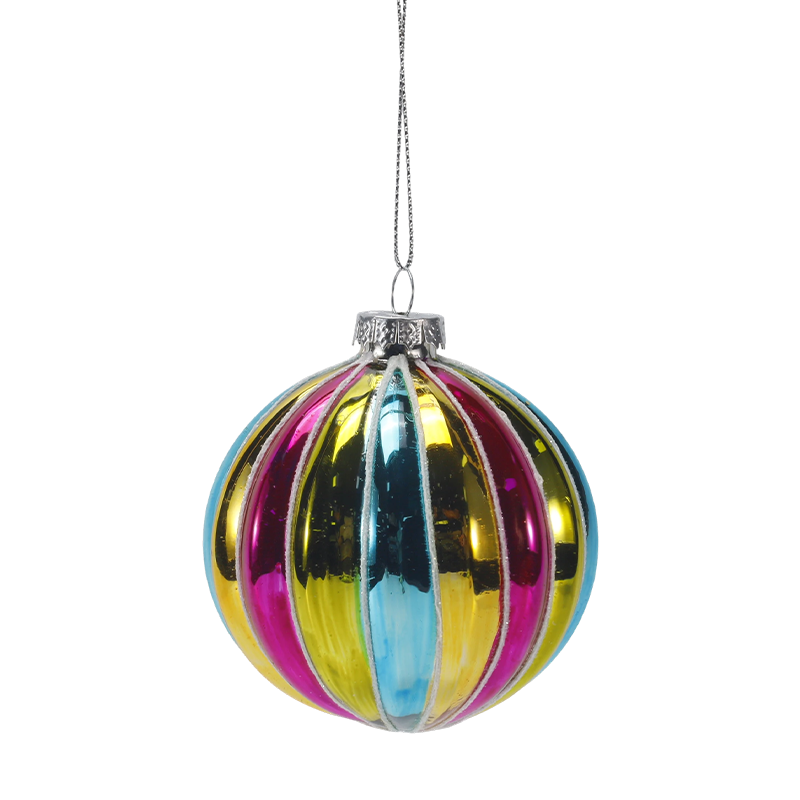 Ornament de bile de sticlă de Crăciun cu dungi retro curcubeu de 8 cm (singur / set de 4)
