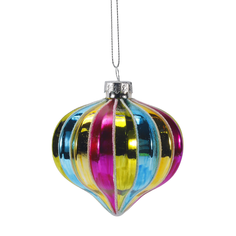 Ornament de bile de sticlă de Crăciun cu dungi retro curcubeu de 8 cm (singur / set de 4)