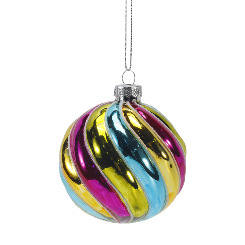 Ornament de bile de sticlă de Crăciun cu dungi retro curcubeu de 8 cm (singur / set de 4)