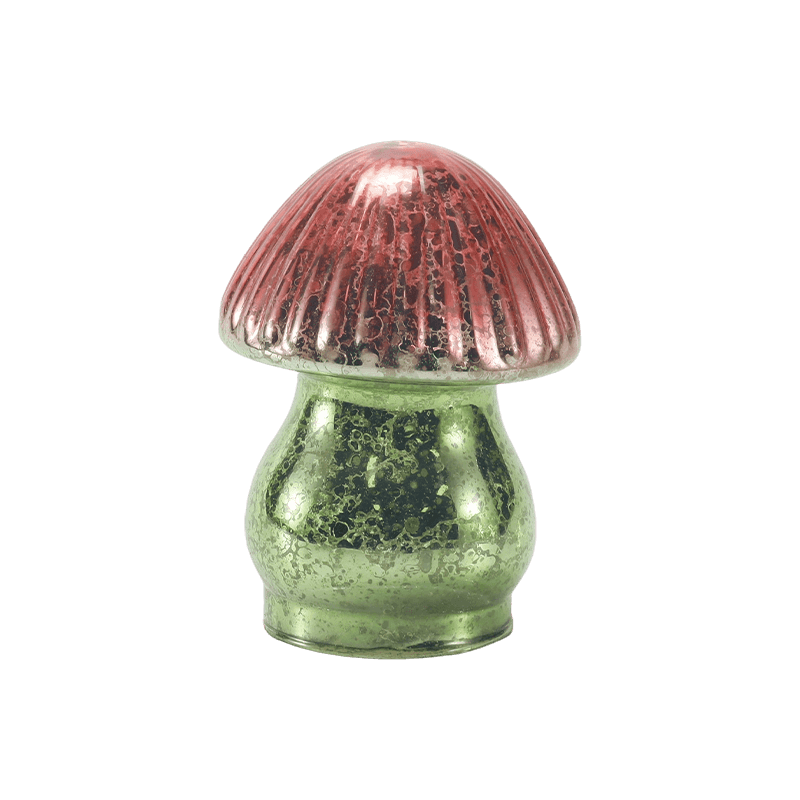 Ornament de ciupercă din sticlă de mercur cu degrade roșu-verde realizat manual, cu decor led