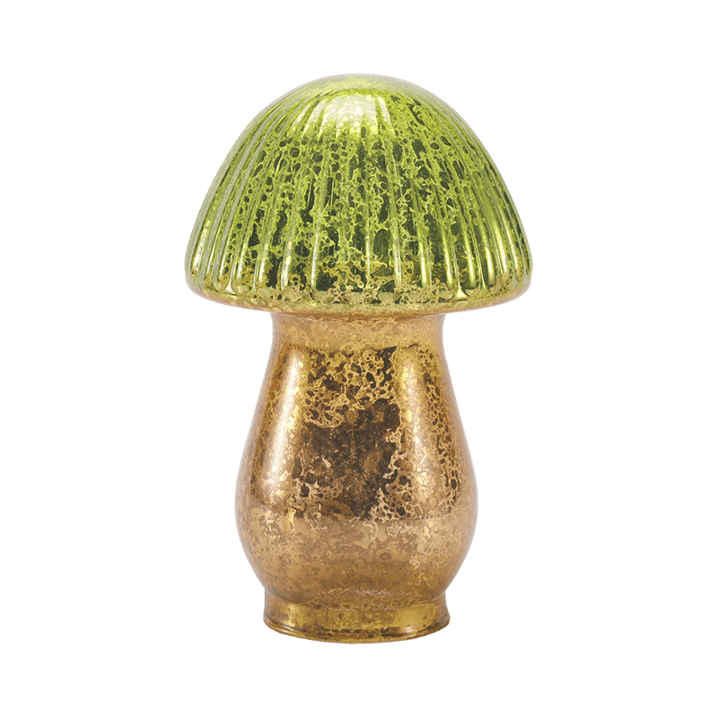 Ornament de ciupercă din sticlă de mercur cu degradare verde-aurie realizat manual, cu decor led