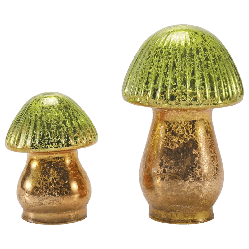 Ornament de ciupercă din sticlă de mercur cu degradare verde-aurie realizat manual, cu decor led