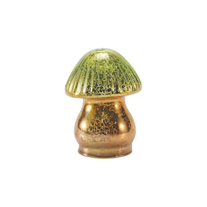 Ornament de ciupercă din sticlă de mercur cu degradare verde-aurie realizat manual, cu decor led