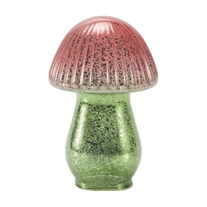 Ornament de ciupercă din sticlă de mercur cu degrade roșu-verde realizat manual, cu decor led