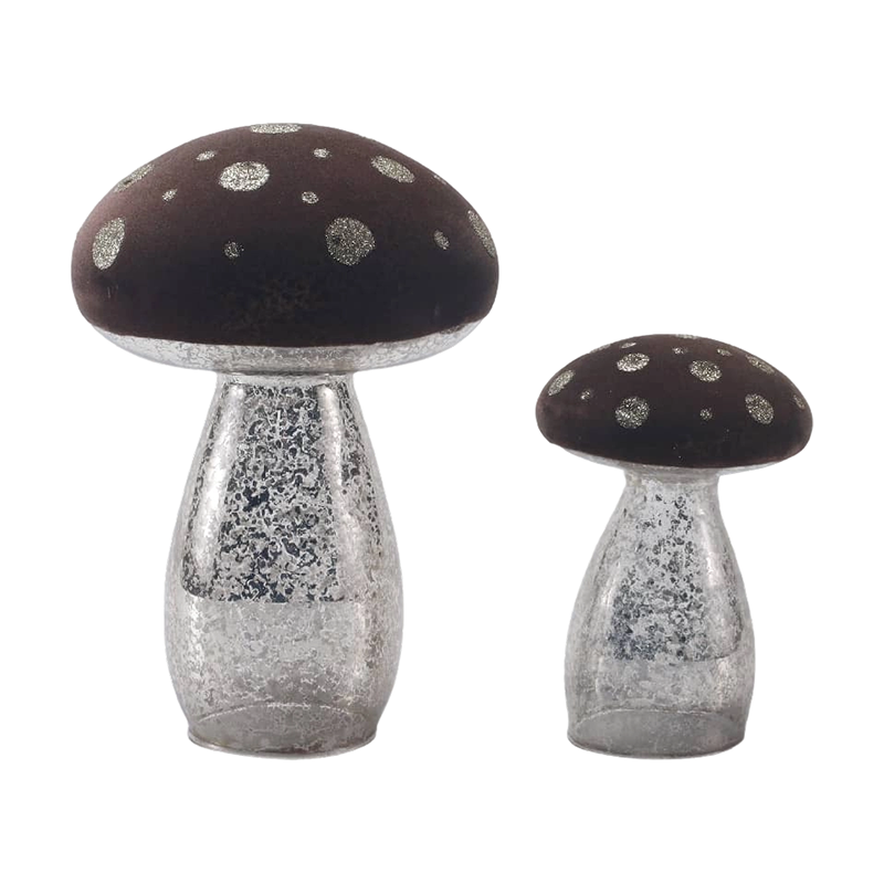 Ornament de ciupercă din sticlă mată maro / catifea, realizat manual, cu pete cu sclipici argintiu, cu decor cu led