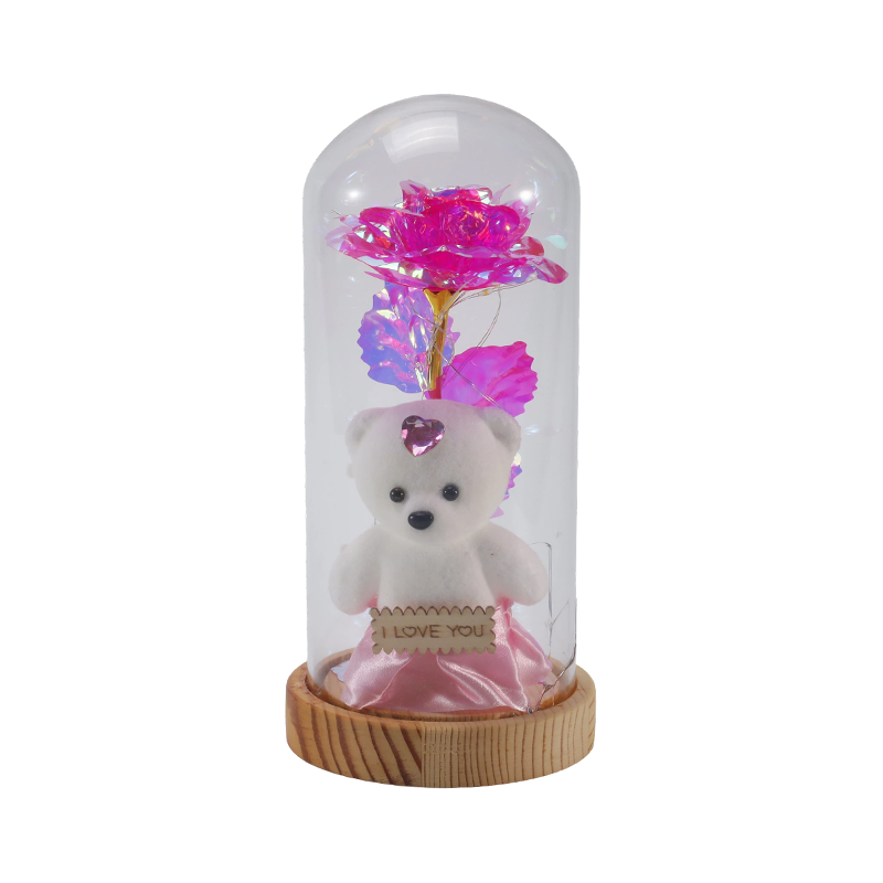 Lumină cloche din sticlă Galaxy Rose (cu/fără ursuleț, mai multe culori)