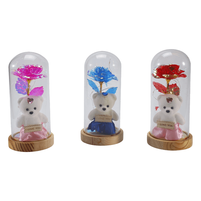 Lumină cloche din sticlă Galaxy Rose (cu/fără ursuleț, mai multe culori)