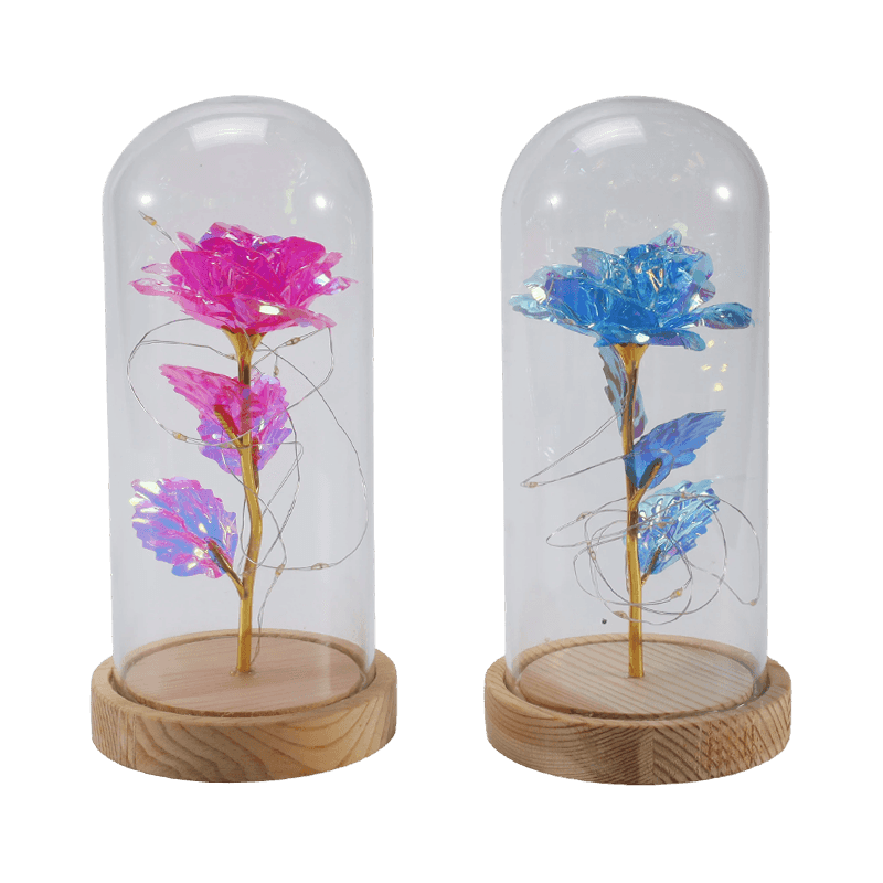 Lumină cloche din sticlă Galaxy Rose (cu/fără ursuleț, mai multe culori)