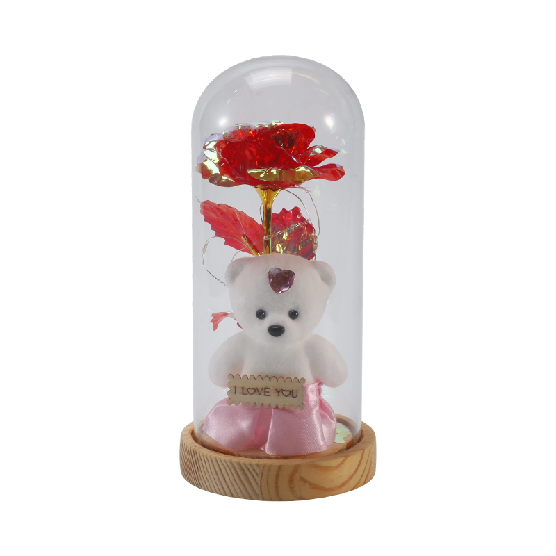 Lumină cloche din sticlă Galaxy Rose (cu/fără ursuleț, mai multe culori)